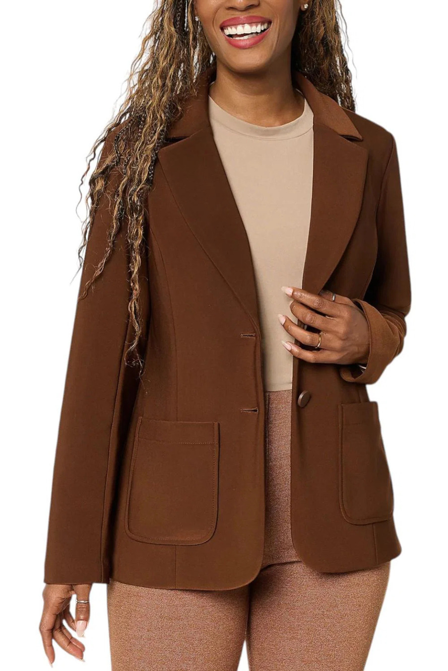 Susan Graver Women's Brushed Back LK Fusion Notch Collar Blazer Cocoa - Regular